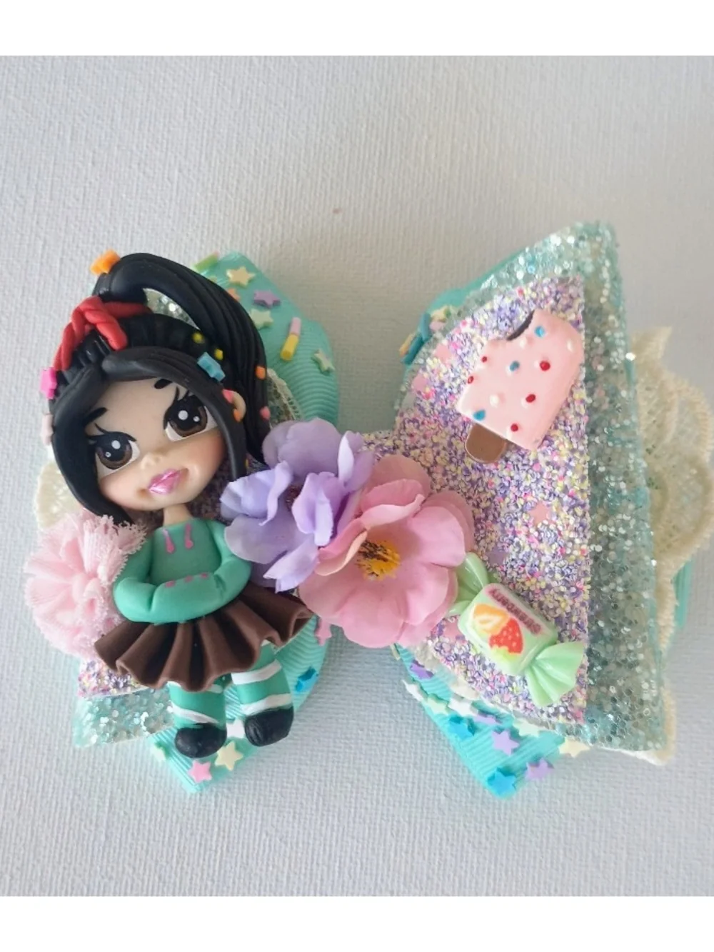 Mint Glitter Character Bow Hair Clip with Floral Accents